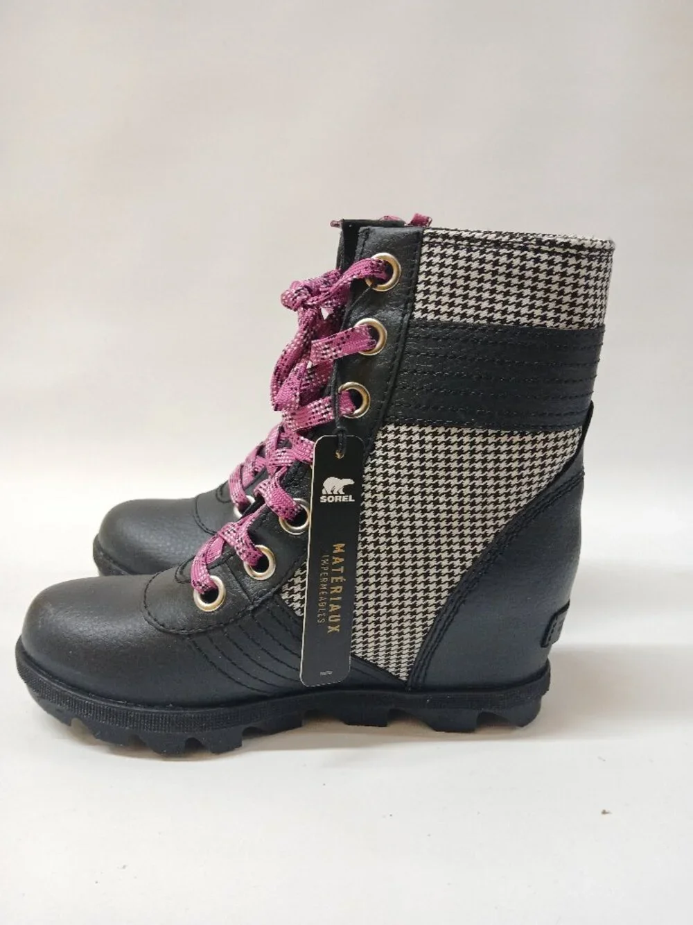 Sorel Lexie Wedge Waterproof Leather Combat Winter Boots Girls 2 Black Pink